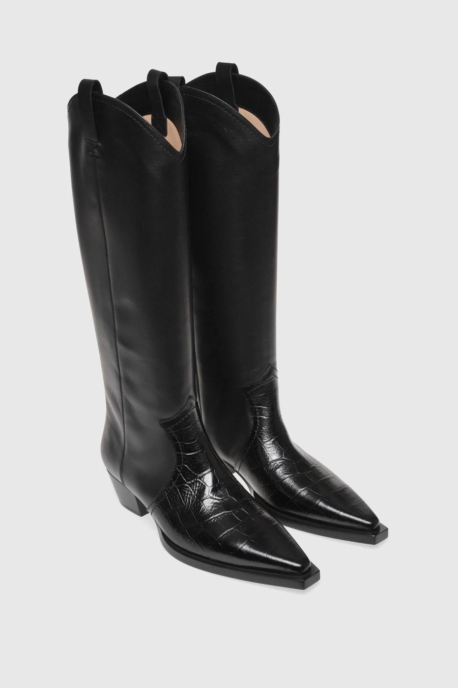 Unützer Women's Schwarz Crocodile Print Cowboy Boots in Calfskin Leather